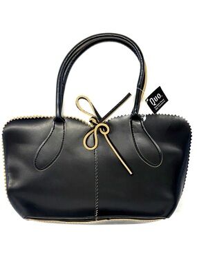 DUO Fashion Purse Black Vegan Leather Tote Stitched Bow Accent Bag NWT